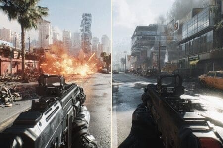 A split-screen comparison showing a blurry low-FPS video game scene on one side and a sharp high-FPS scene on the other demonstrating the effect of RAM