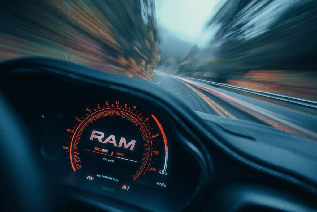 A sports car with a full RAM gauge moving at high speed showing how does RAM affect gaming A sports car with a full RAM gauge moving at high speed showing how does RAM affect gaming