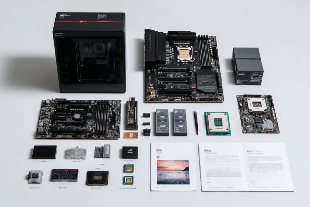 PC parts arranged like a model kit with instructions a guide for how to build a gaming PC for beginners