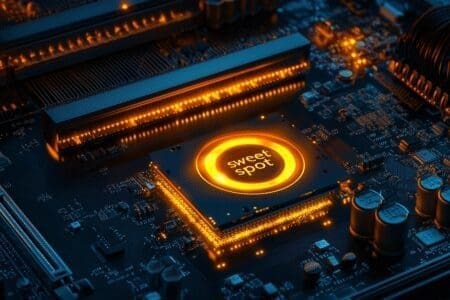 sticks of computer RAM are centered perfectly on a glowing golden bullseye representing the sweet spot for gaming