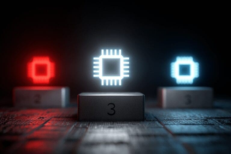 A CPU on a winners podium above red and blue icons a guide for what is the best CPU for gaming