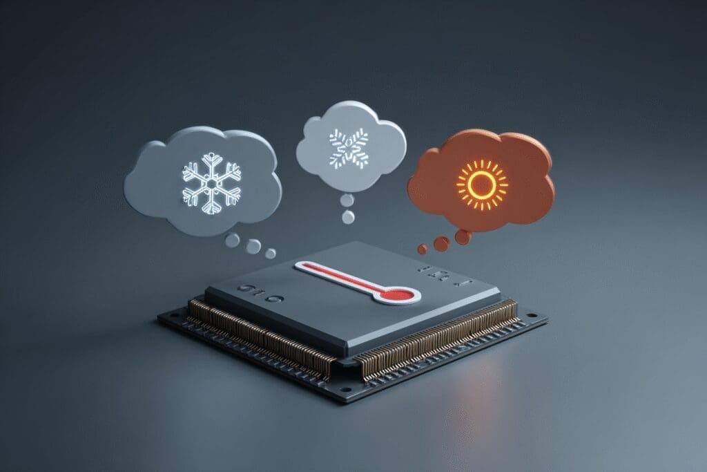 A CPU with weather icons representing temperature answering the FAQ on what temperature should my CPU be while gaming A CPU with weather icons representing temperature answering the FAQ on what temperature should my CPU be while gaming