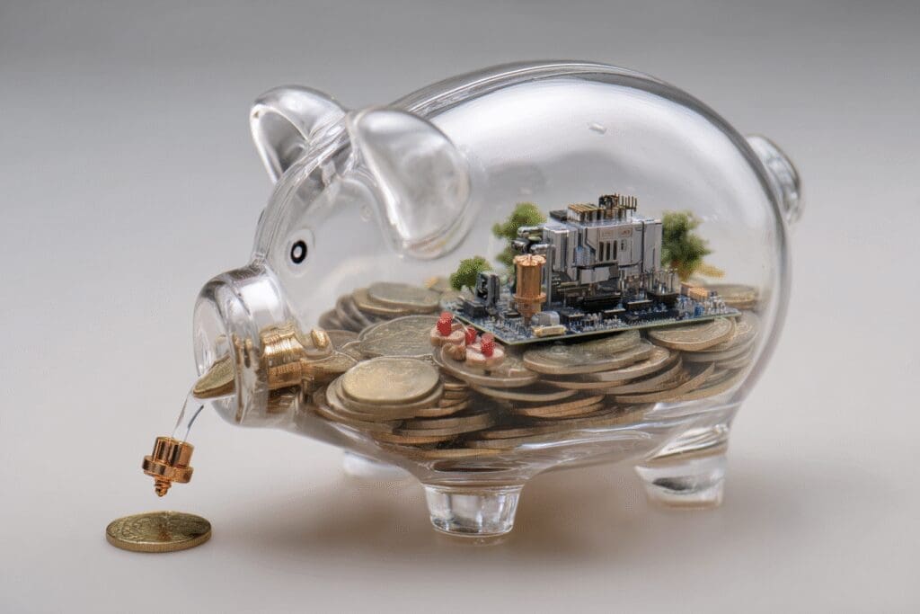 A PC being built inside a piggy bank as it fills with coins a metaphor for a rent to own gaming PC