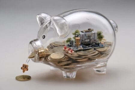 A PC being built inside a piggy bank as it fills with coins a metaphor for a rent to own gaming PC