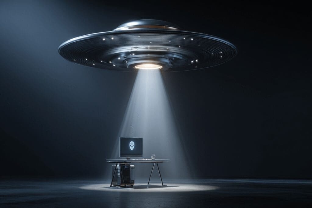 A UFO delivering a gaming PC a metaphor for the FAQ is Dell Alienware good for gaming A UFO delivering a gaming PC a metaphor for the FAQ is Dell Alienware good for gaming