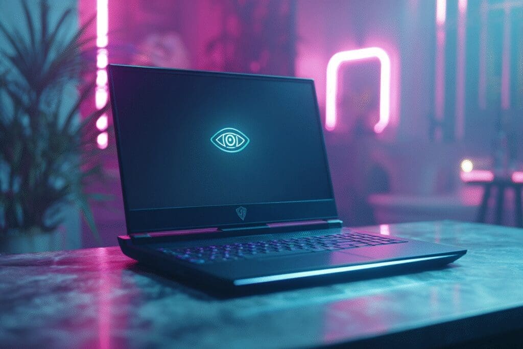 A cyberpunk laptop with a glowing eye logo a guide for what is the best ASUS gaming laptop