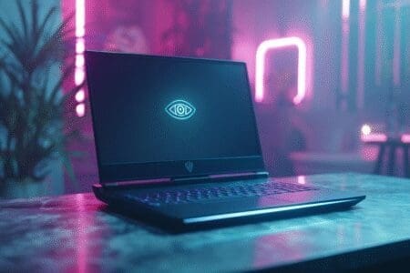 A cyberpunk laptop with a glowing eye logo a guide for what is the best ASUS gaming laptop