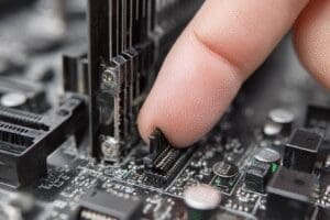 A finger pressing a PCIe release clip a guide on how to remove a graphics card
