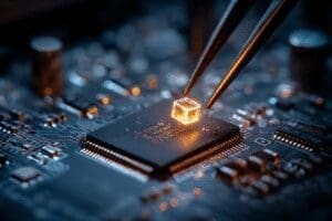 A glowing data cube being inserted into a BIOS chip illustrating how to update motherboard BIOS