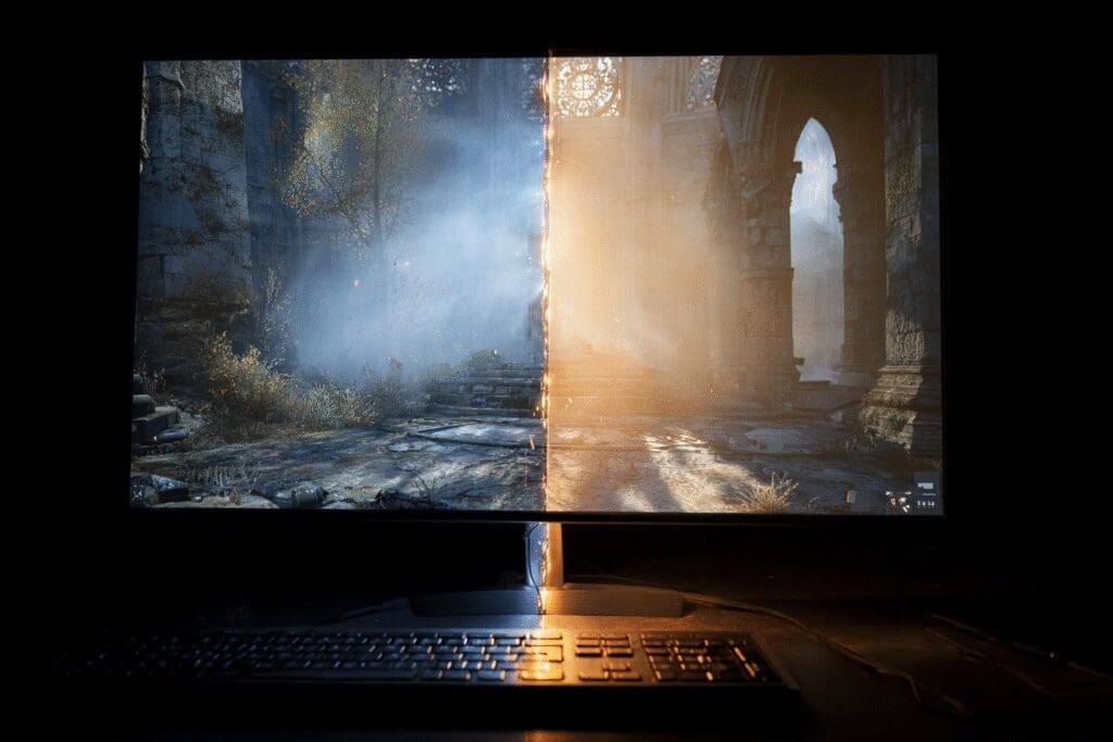 A glowing line fixing a torn image on a screen explaining what is VSync in games