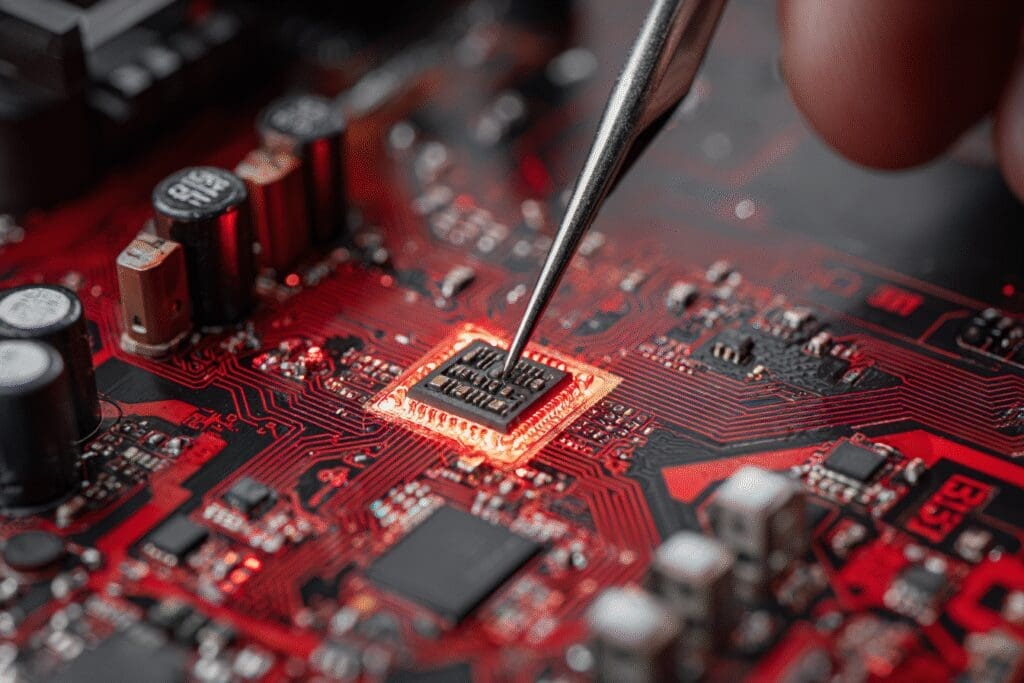 A hand installing a new chip on a GPU illustrating how to update AMD Radeon drivers