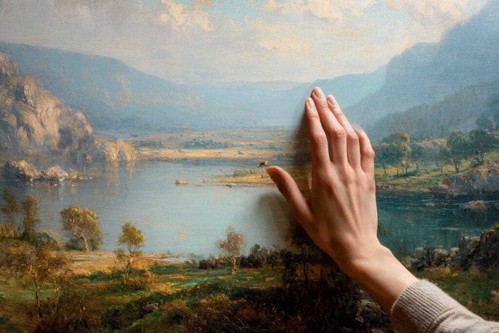 A hand peeling a distracting sticker off a painting a visual for the FAQ on how to turn off the FPS counter on Windows 11
