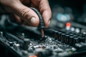 A hand plugging a power cable into a GPU a guide on how to install a graphics card