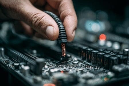 A hand plugging a power cable into a GPU a guide on how to install a graphics card