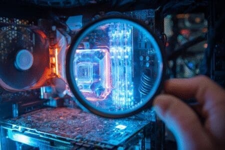 A magnifying glass revealing the GPU inside a computer showing how to see what graphics card you have