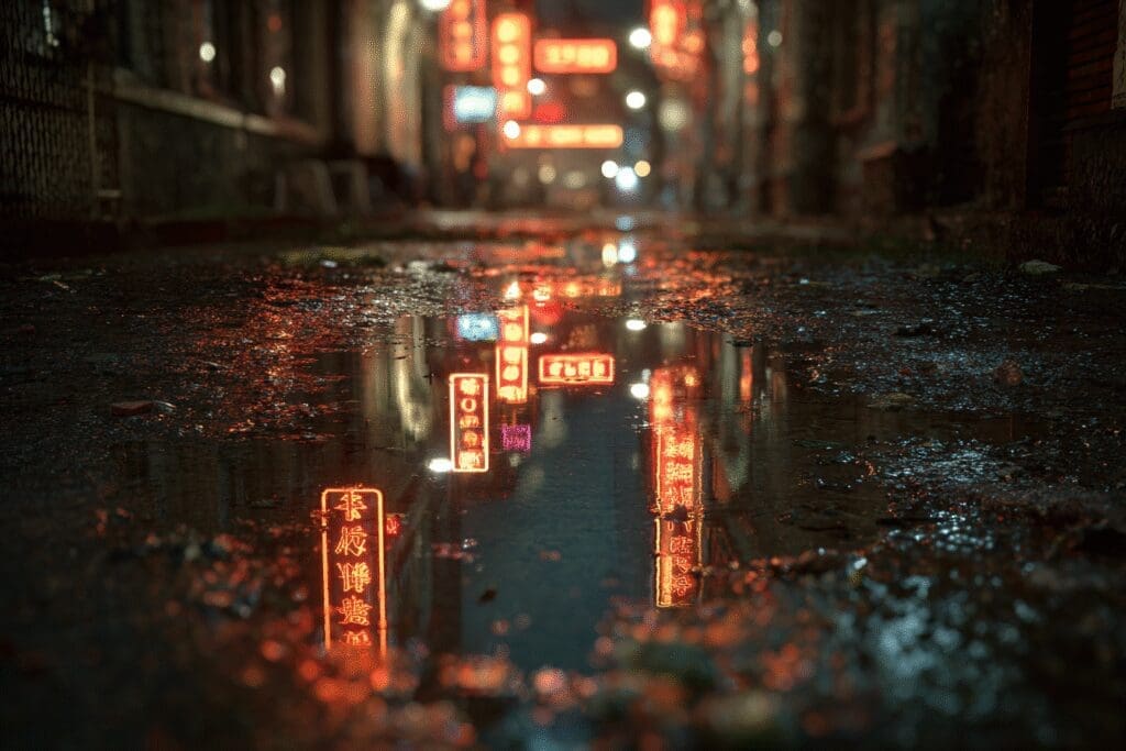 A puddle perfectly reflecting neon lights an example of what is Ray Tracing in gaming