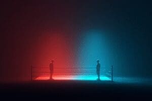 A red and a blue boxer facing off symbolizing the comparison is AMD or Intel better for gaming