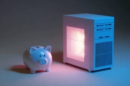 A simple PC case glowing with power next to a piggy bank representing what is the best cheap PC for gaming