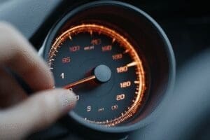 A speedometer with the needle going past the redline a metaphor for how to overclock CPU