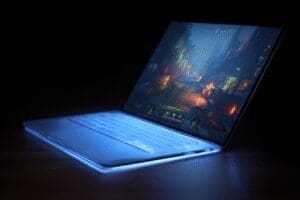 A thin laptop projecting a casual game answering is Intel Iris Xe Graphics good for gaming
