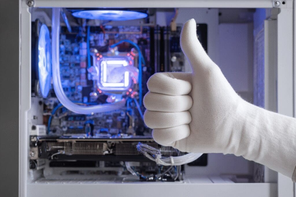 A white-gloved hand giving a thumbs-up to a PC answering is Skytech gaming good