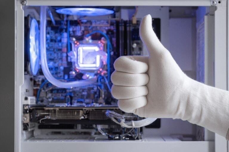 A white-gloved hand giving a thumbs-up to a PC answering is Skytech gaming good