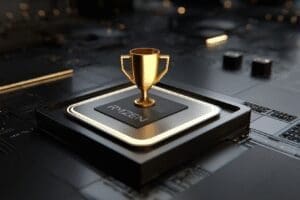 An AMD CPU with a gold trophy illustrating if Ryzen 7 5800X is good for gaming