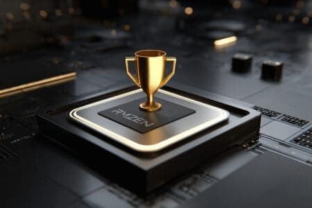 An AMD CPU with a gold trophy illustrating if Ryzen 7 5800X is good for gaming