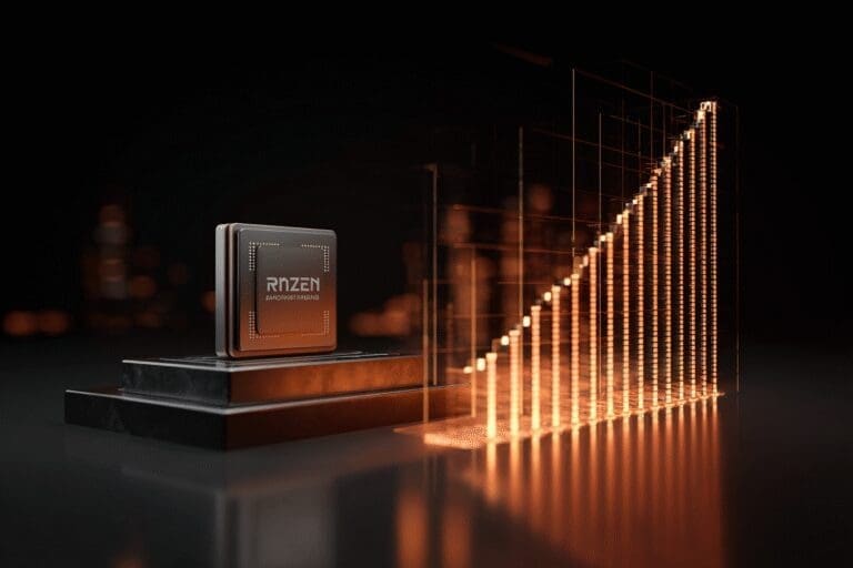An AMD CPU with a performance graph trending up showing benchmarks for is Ryzen 5 7600X good for gaming