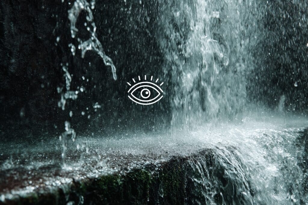 An eye looking at a waterfall that is both choppy and smooth illustrating the FAQ on how many FPS can the eye see An eye looking at a waterfall that is both choppy and smooth illustrating the FAQ on how many FPS can the eye see