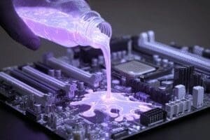 Glowing liquid being poured over a motherboard to activate it a metaphor for how to update motherboard drivers