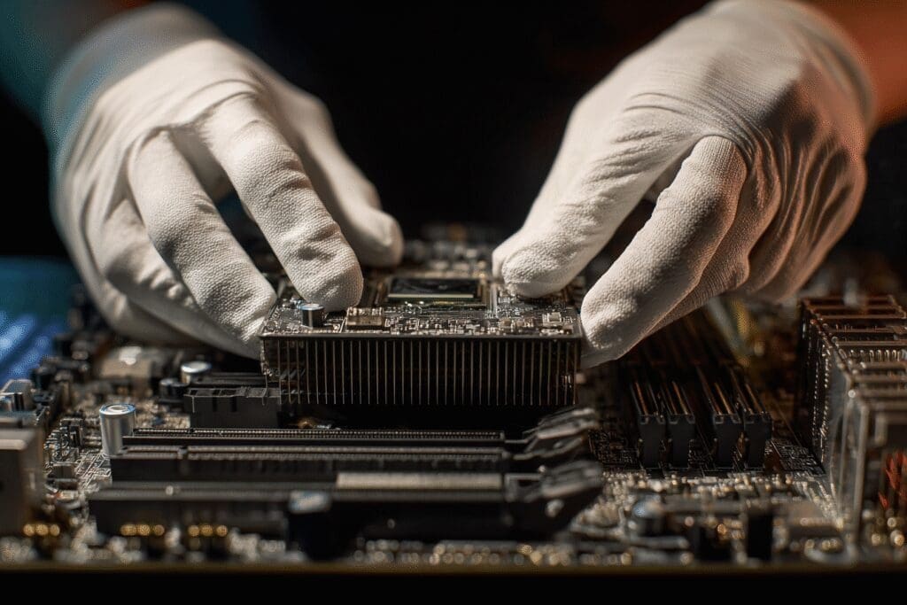 Hands carefully lifting a GPU out of a motherboard answering the FAQ on how to remove a graphics card Hands carefully lifting a GPU out of a motherboard answering the FAQ on how to remove a graphics card