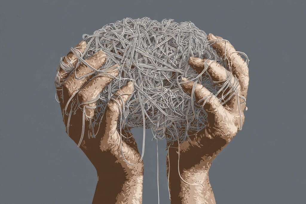 Hands organizing a cluttered brain icon a metaphor for how to improve memory on PC