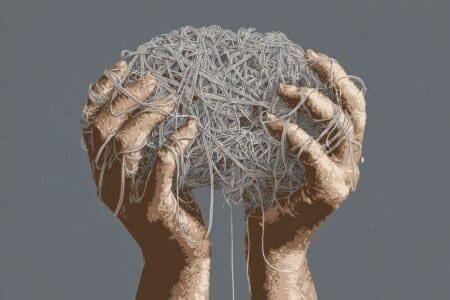 Hands organizing a cluttered brain icon a metaphor for how to improve memory on PC