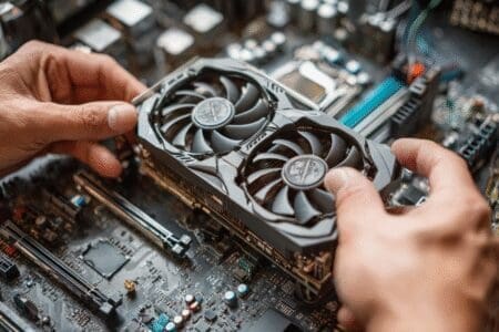 Hands swapping an old graphics card for a new one a guide on how to change graphics card