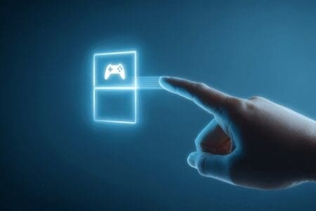 Pressing a game mode button next to a Windows logo showing how to optimize Windows 10 for gaming